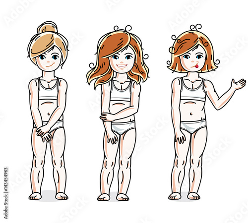 Different cute little girls standing in white underwear. Vector diversity kids illustrations set.