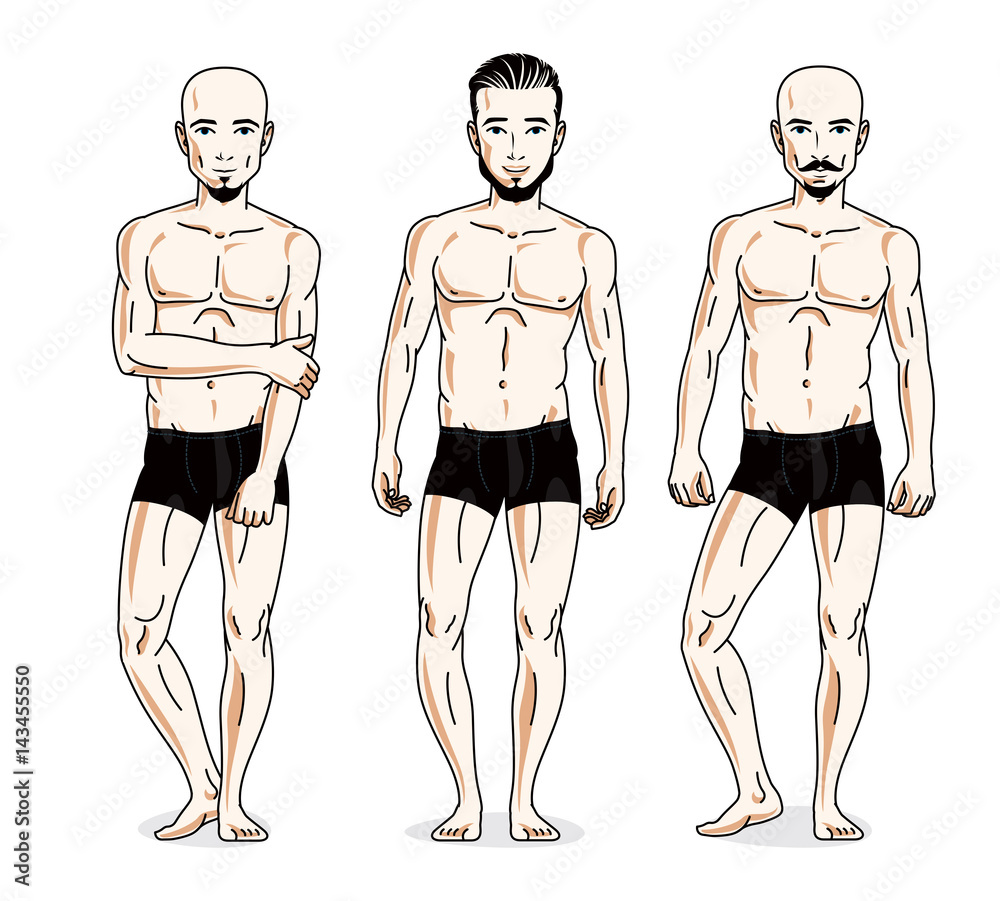 Handsome men posing in black underwear. Vector people illustrations set. Handsome men posing in black underwear. Vector people illustrations set.