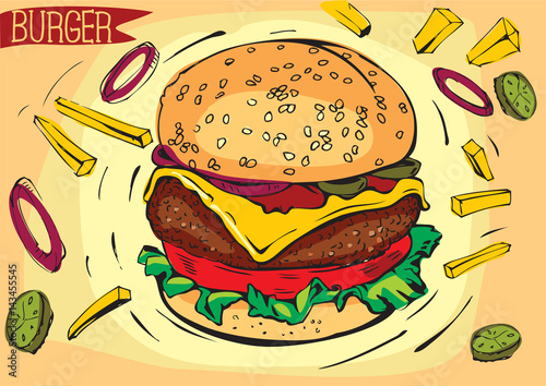 Color vector image of a tasty burger and an explosion of fresh vegetables around it.