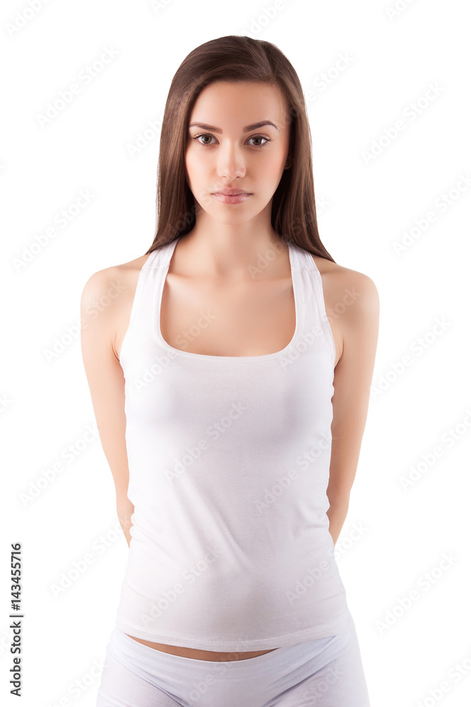 Foto de Young pretty woman on isilated background in white