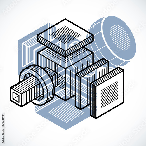 Engineering abstract shape, 3d vector polygonal figure.