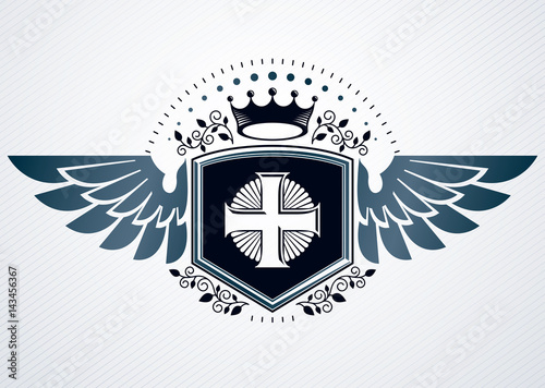 Vintage decorative heraldic vector emblem composed with Christian religious cross and royal crown