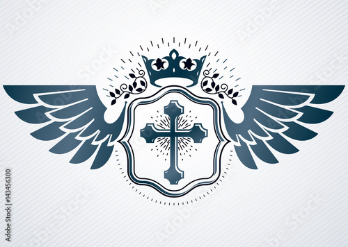 Vintage decorative heraldic vector emblem composed with eagle wings, Christian religious cross and royal crown