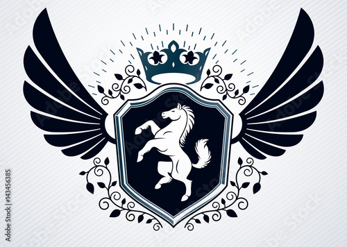 Vintage heraldry design template, vector emblem created using eagle wings, horse illustration and imperial crown.