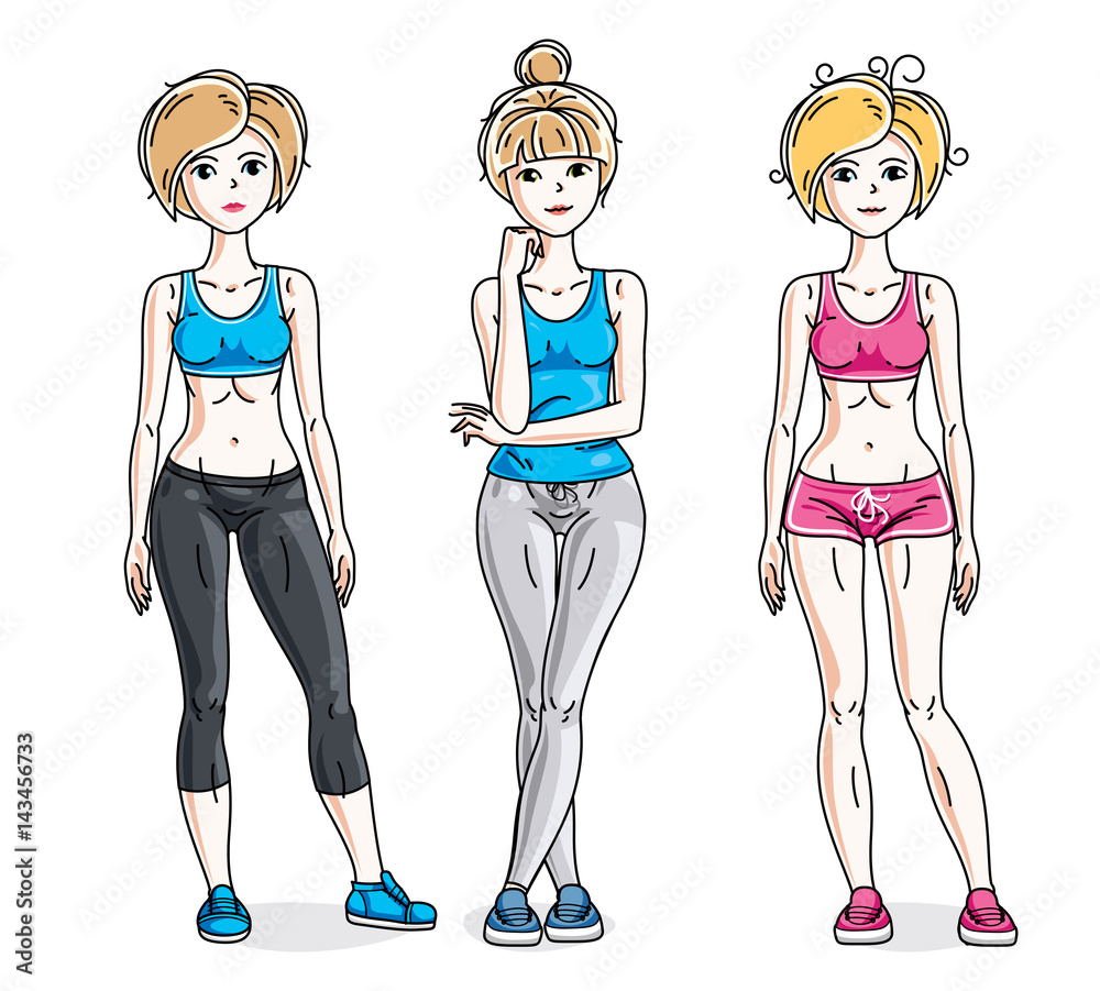 Happy young women posing wearing stylish sport clothes, sportswoman and fitness people. Vector set of beautiful people illustrations. Happy young women posing wearing stylish sport clothes, sportswoman and fitness people. Vector set of beautiful people illustrations.