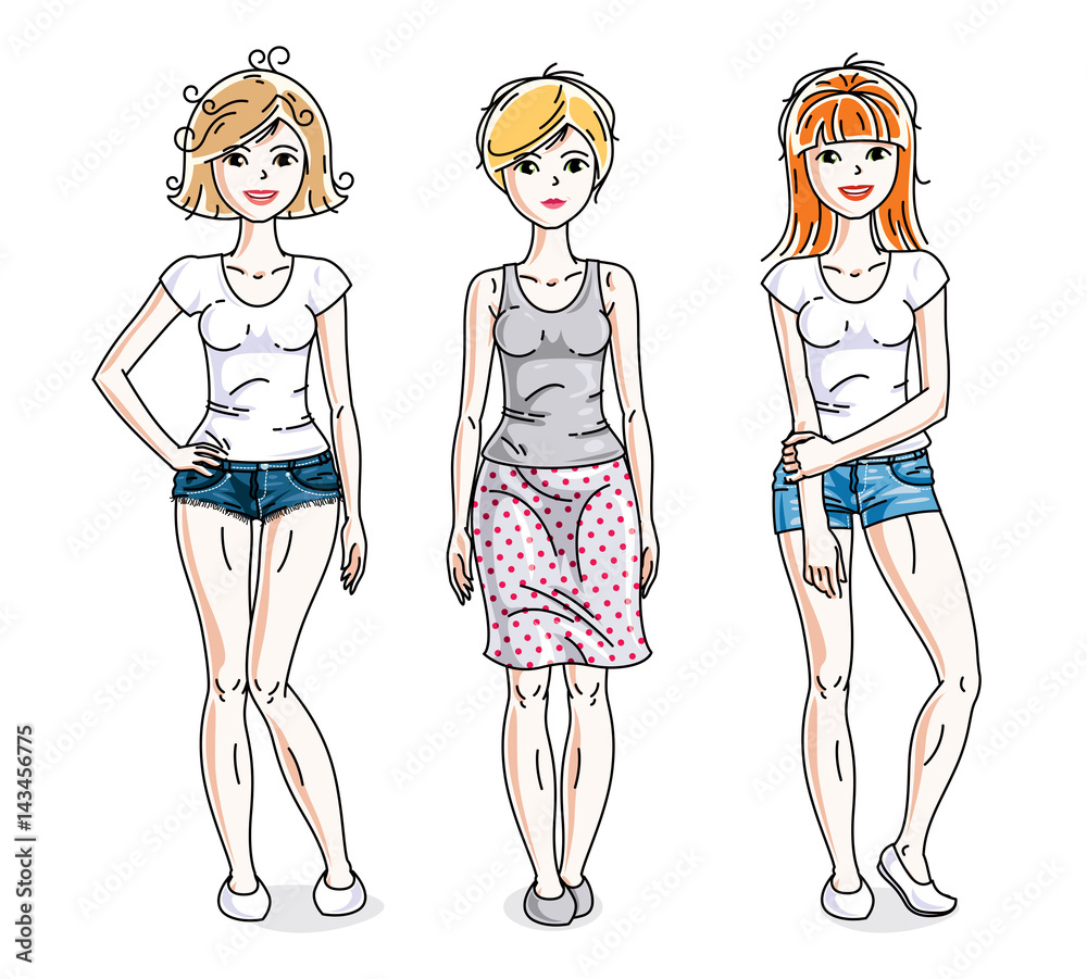 Happy cute young women group standing wearing casual clothes. Vector set of beautiful people illustrations. Fashion and lifestyle theme cartoons.