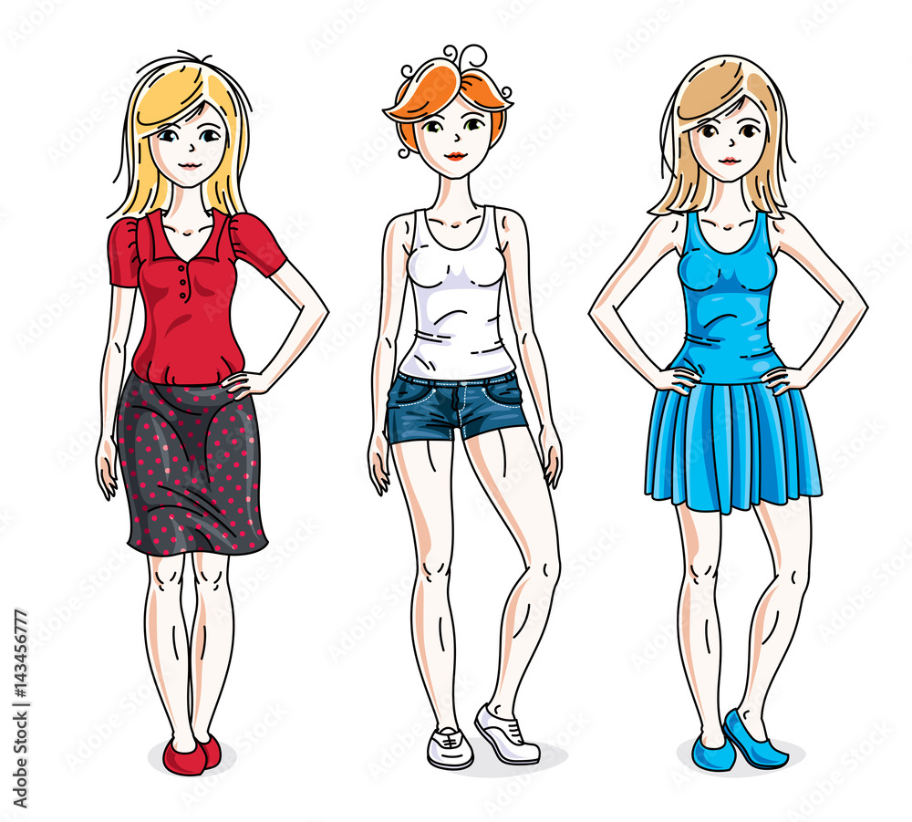 Happy cute young women group standing wearing casual clothes. Vector set of beautiful people illustrations. Fashion and lifestyle theme cartoons. Happy cute young women group standing wearing casual clothes. Vector set of beautiful people illustrations. Fashion and lifestyle theme cartoons.