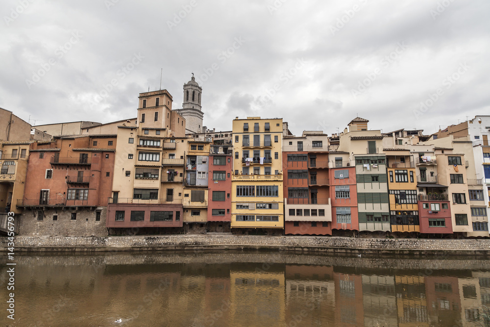 City view, colored houses over river, autumn day, Girona, Catalonia,Spain.
