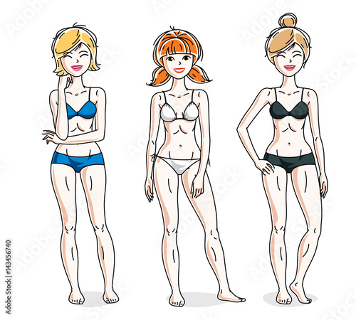 Young beautiful women standing wearing colorful bikini. Vector diversity people illustrations set. Slim female with perfect body.