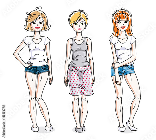 Happy cute young women group standing wearing casual clothes. Vector set of beautiful people illustrations. Fashion and lifestyle theme cartoons.