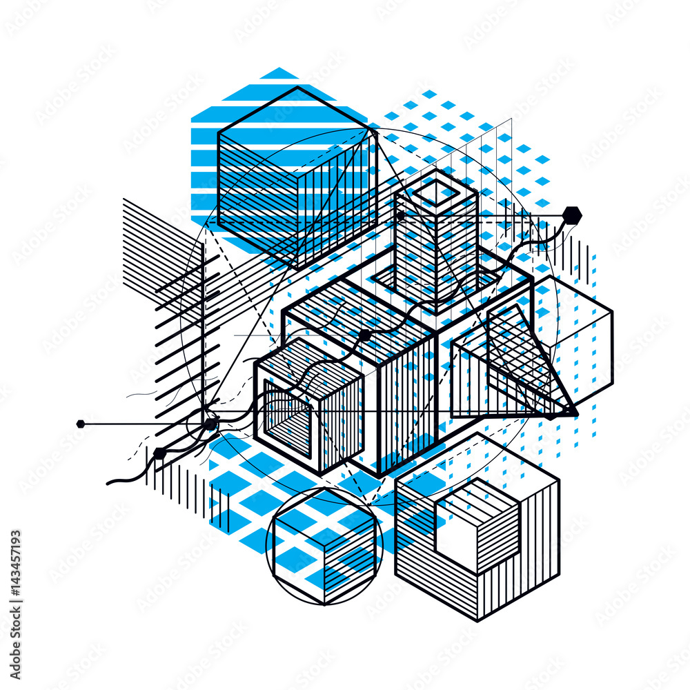 Isometric linear abstract vector background, lined abstraction. Cubes, hexagons, squares, rectangles and different abstract elements.