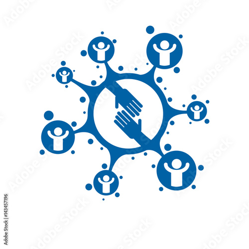 Social Relations conceptual logo, unique vector symbol. Hands contacting and Handshake sign, social deal, social interaction.