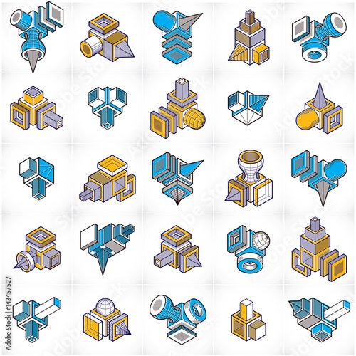 Abstract three dimensional shapes set, vector designs.