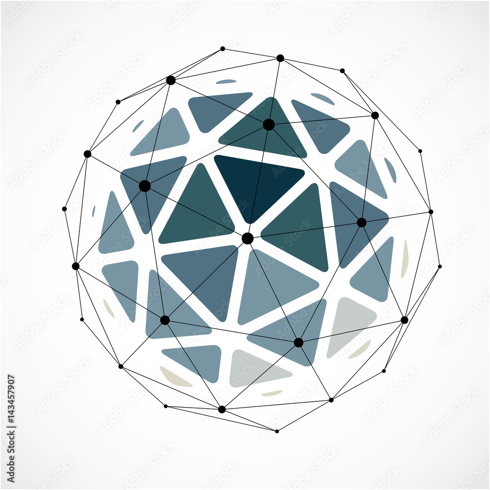 Abstract 3d faceted figure with connected black lines and dots. Monochrome vector low poly design element, cybernetic orb shape with grid and lines mesh. Abstract 3d faceted figure with connected black lines and dots. Monochrome vector low poly design element, cybernetic orb shape with grid and lines mesh.