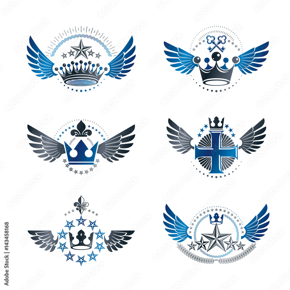 Royal Crowns and Ancient Stars emblems set. Heraldic Coat of Arms decorative logos isolated vector illustrations collection.