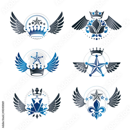 Royal Crowns and Ancient Stars emblems set. Heraldic Coat of Arms decorative logos isolated vector illustrations collection.