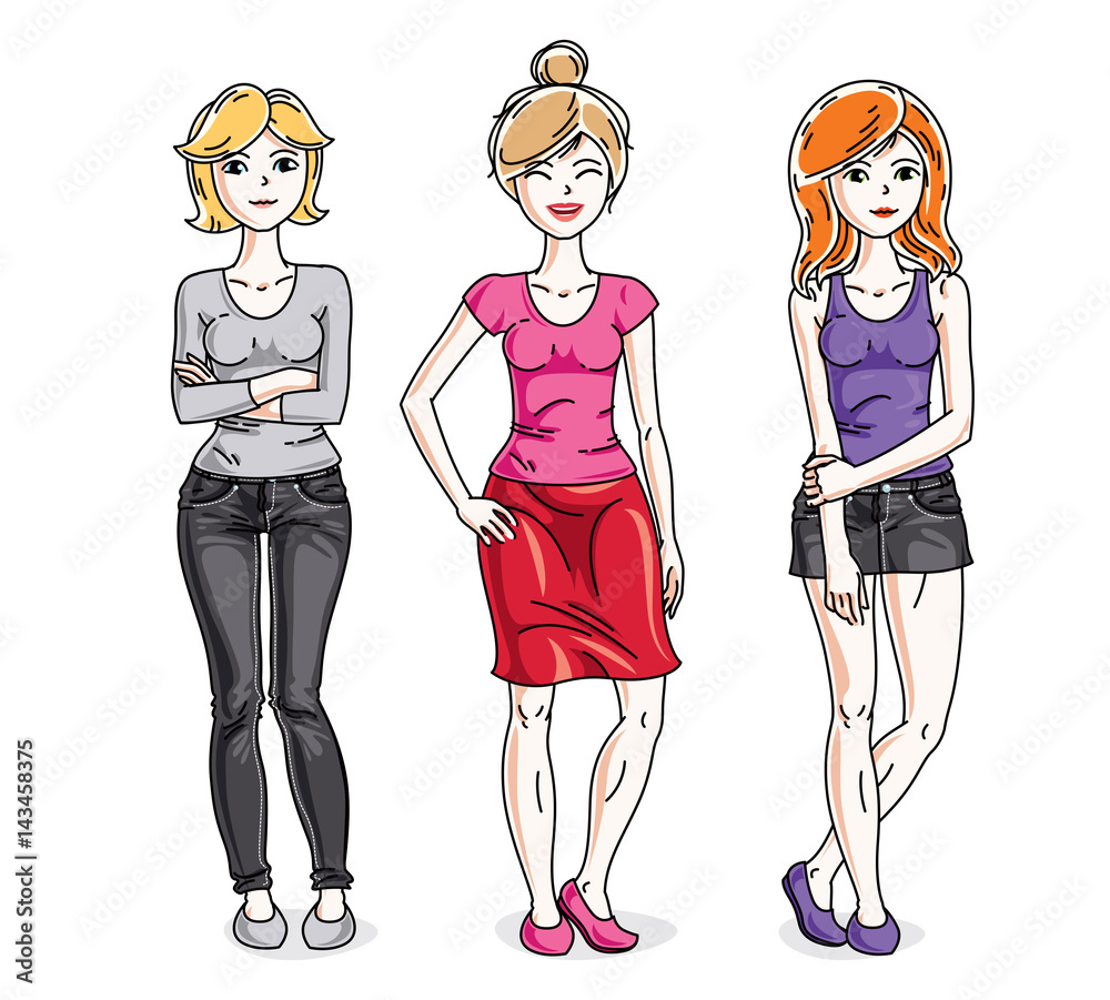 Happy young adult girls female standing wearing casual clothes. Vector characters set. Fashion and lifestyle theme cartoons.