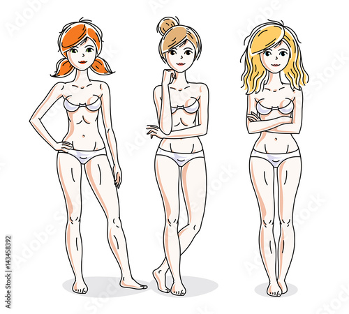 Attractive young women group standing in white underwear. Vector people illustrations set.
