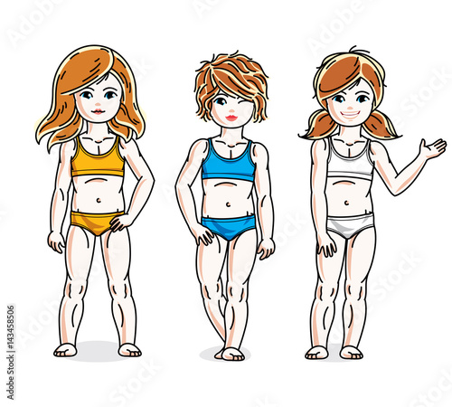 Little girls cute children group standing wearing colorful bikini. Vector kids illustrations set. Childhood and family lifestyle clip art.
