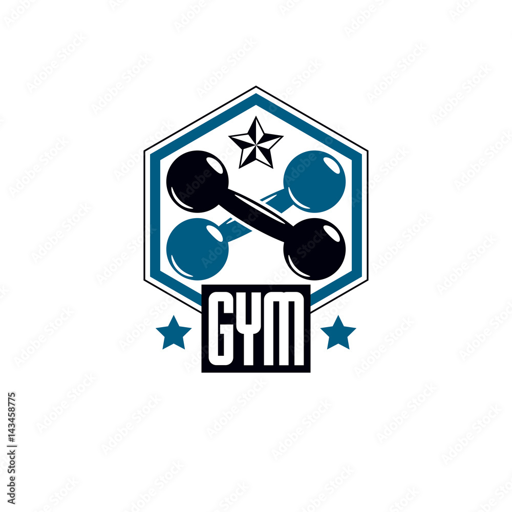 Sport logo for weightlifting gym and fitness club, retro style vector emblem. With dumbbell. Sport logo for weightlifting gym and fitness club, retro style vector emblem. With dumbbell.