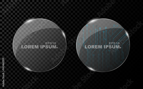 A banner from a flat realistic circle and from a shining, bright 3d glass on a dark transparent background. New technology, cyber texture, beautiful, blue pattern