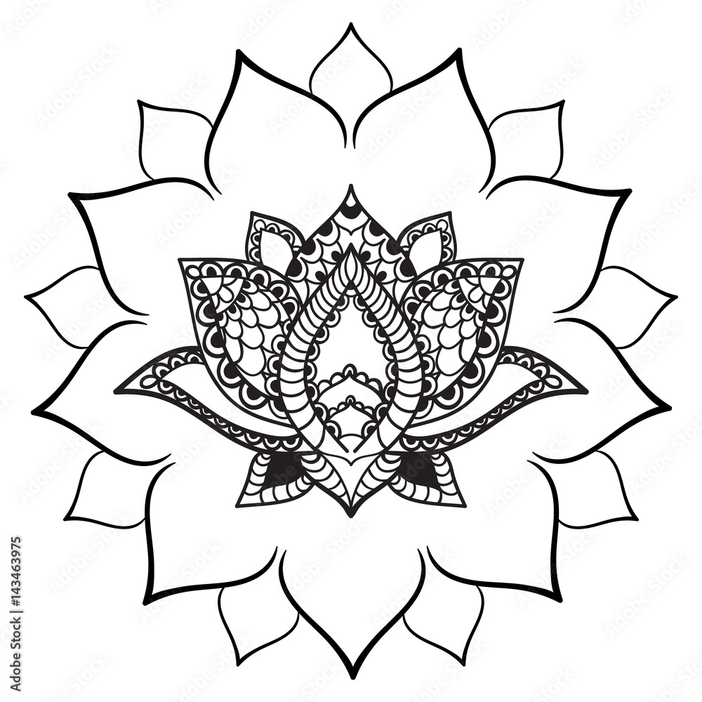 Hand drawn Lotus with mandala. Oriental ornaments for greeting card, invitation, yoga poster, coloring book.