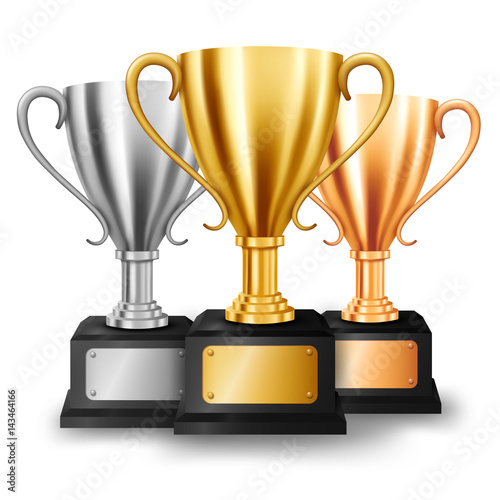 Realistic Golden, Silver and Bronze Trophhies with text space, Vector Illustration