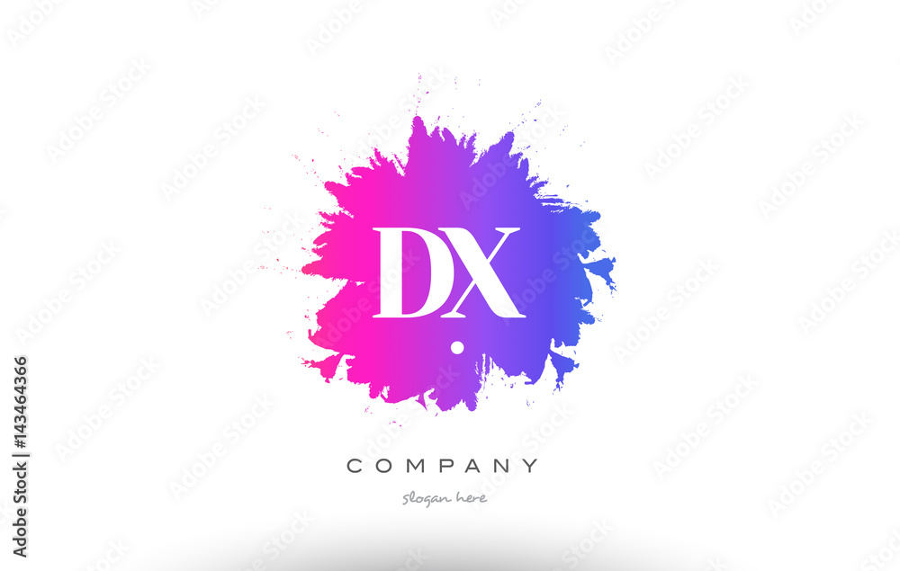 DX D X purple magenta splash alphabet letter logo icon design