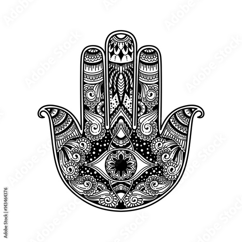 hand drawn outline illustration of a hamsa hand symbol. Hand of Fatima religious sign with all seeing eye. Vintage boho style. Vector illustration in doodle zentangle style for adult coloring book