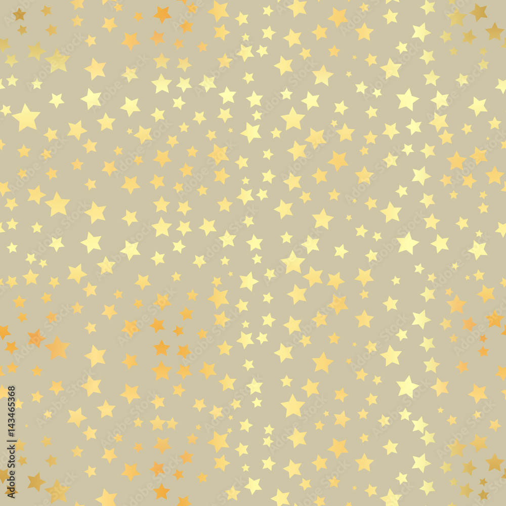 Gold star seamless pattern. Abstract black modern seamless pattern with gold confetti stars. Vector illustration. Shiny background. Texture of gold foil.