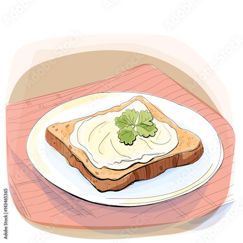 Color illustration of bread with butter on a plate