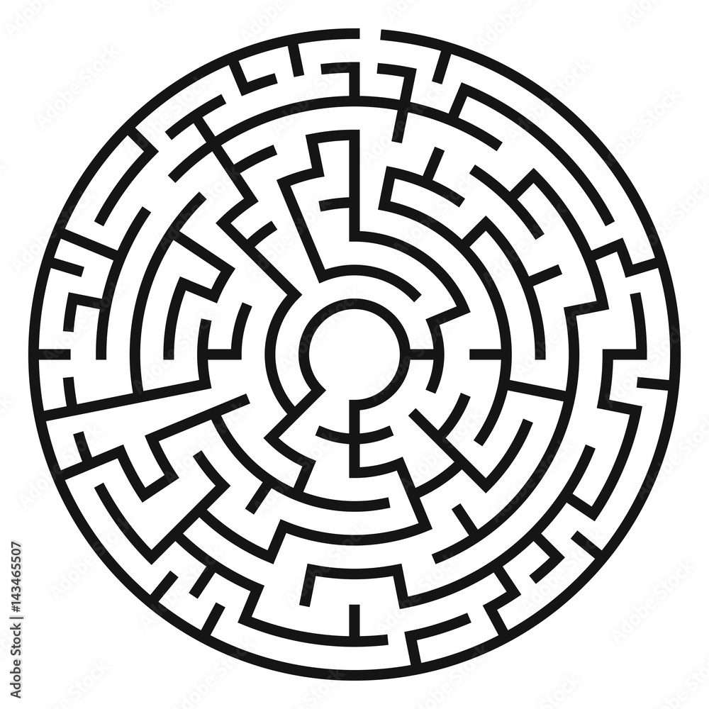 Circle Maze. Labyrinth with Entry and Exit. Find the Way Out Concept. Vector Illustration. Circle Maze. Labyrinth with Entry and Exit. Find the Way Out Concept. Vector Illustration.