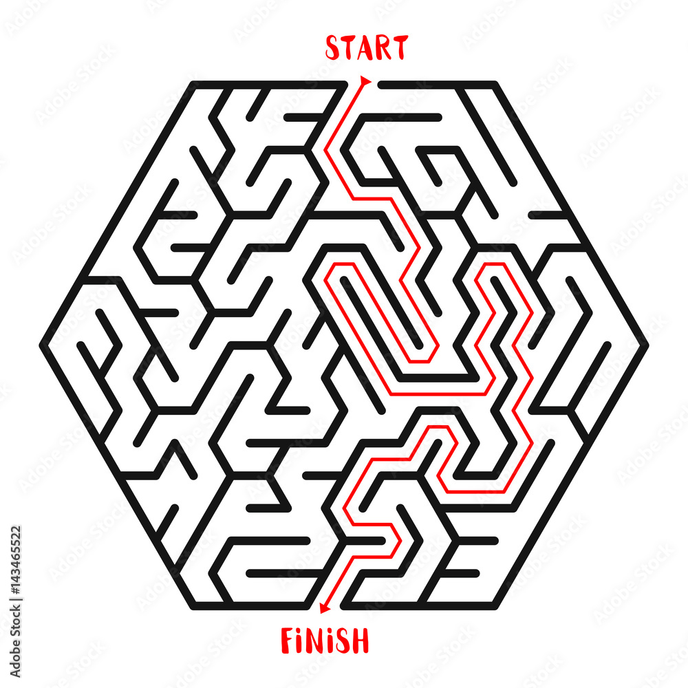 Hexagonal Maze Game background. Labyrinth with Entry and Exit. Vector Illustration.