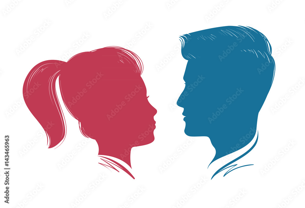 Portrait of man and woman. Head profile, silhouette. Wedding, love, people symbol. Vector illustration Portrait of man and woman. Head profile, silhouette. Wedding, love, people symbol. Vector illustration
