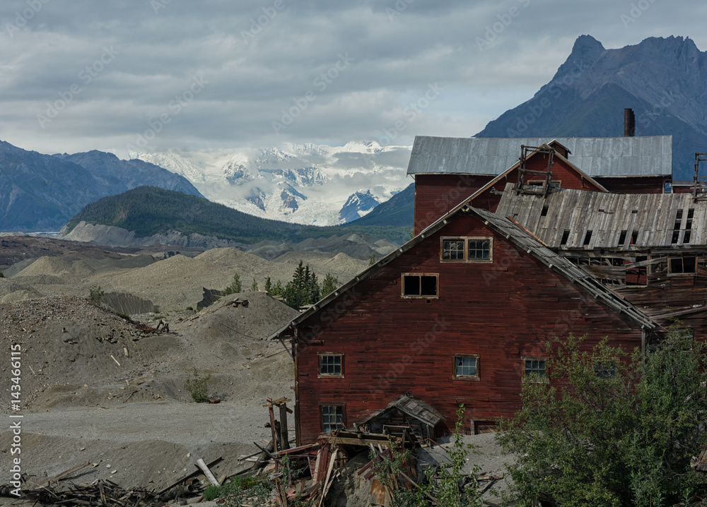 Kennicott Mine buildings with Glaciers and Mountains in the background