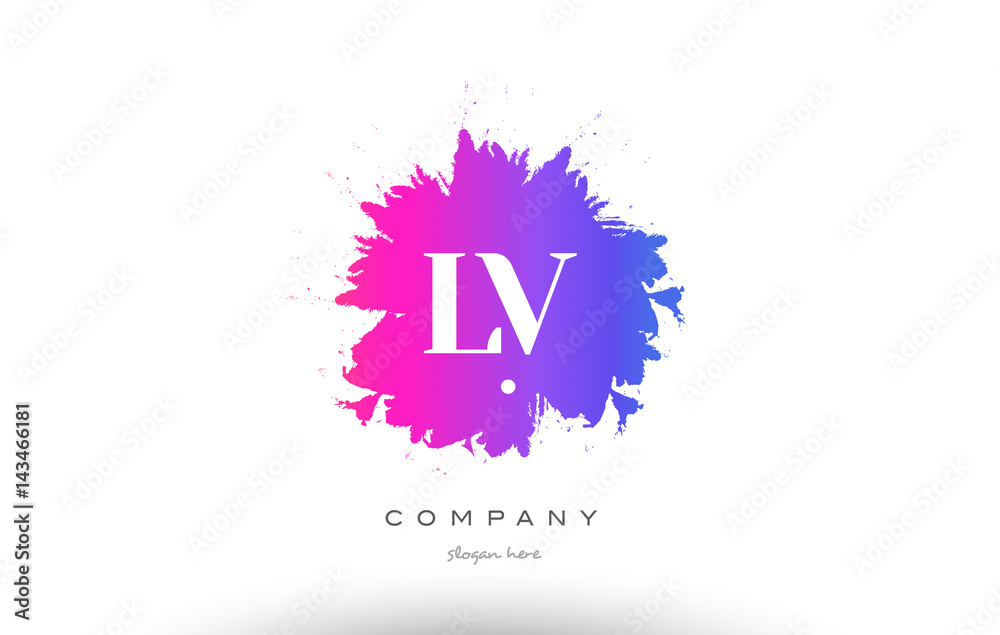 L V purple magenta splash alphabet letter logo icon design Stock Vector