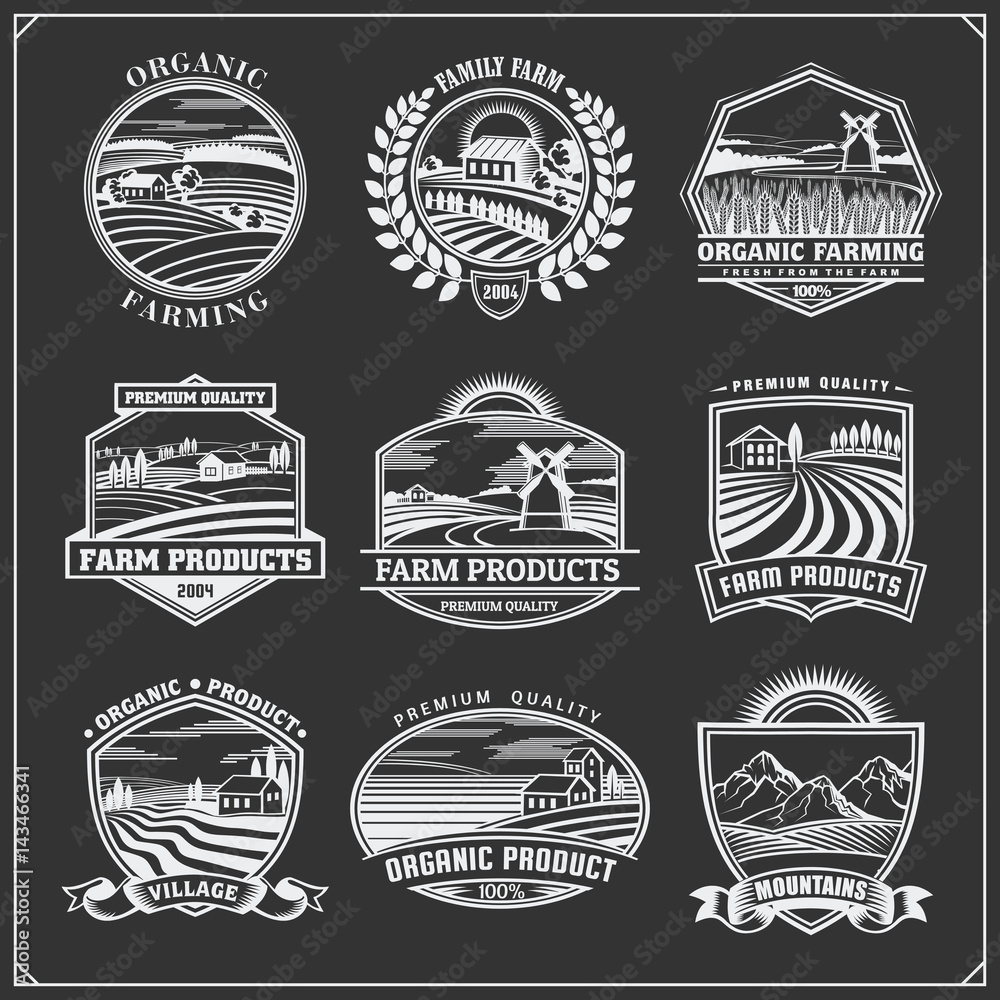 Vector illustration of retro landscapes. Farm fresh food labels, badges ...