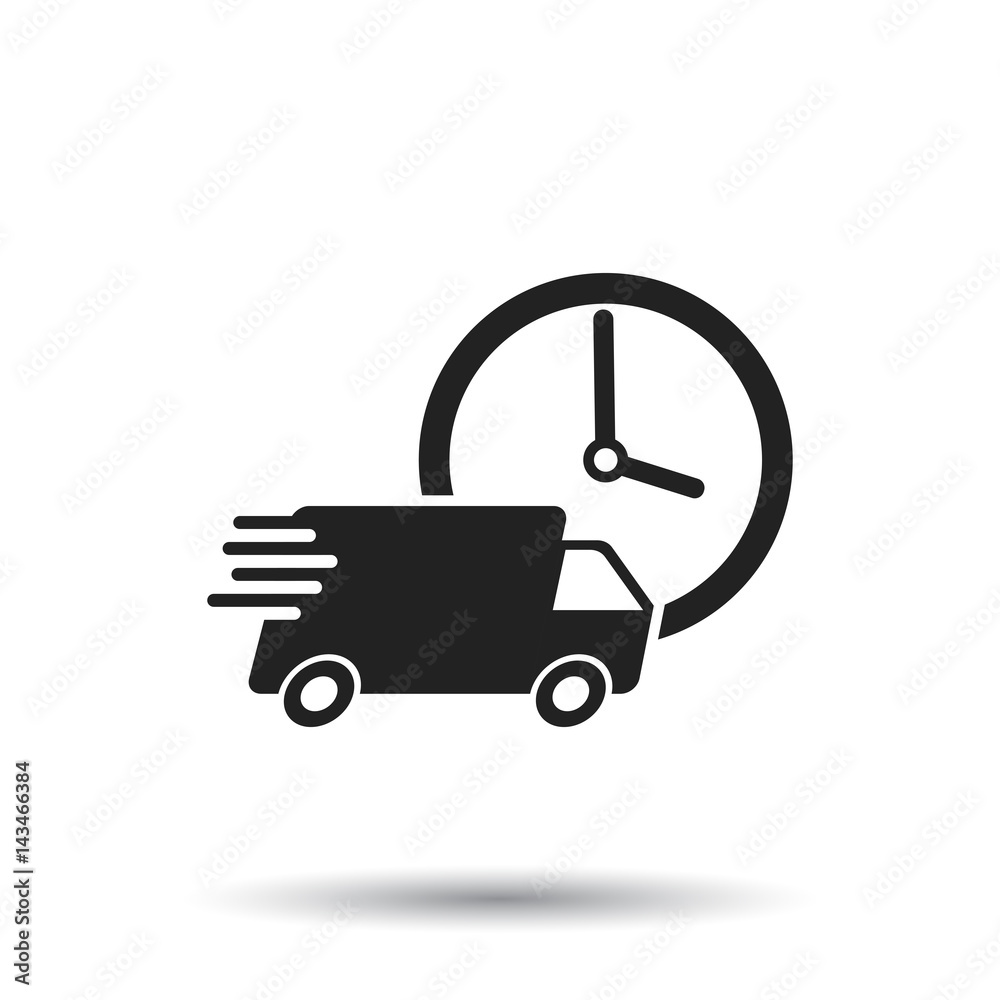 Delivery 24h truck with clock vector illustration. 24 hours fast delivery service shipping icon. Simple flat pictogram for business, marketing or mobile app internet concept Delivery 24h truck with clock vector illustration. 24 hours fast delivery service shipping icon. Simple flat pictogram for business, marketing or mobile app internet concept