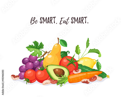 Fresh fruits and vegetables composition isolated on white background. Be smart, eat smart. Healthy lifestyle concept.