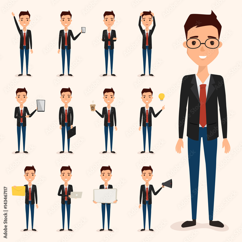 set of business man character in job. illustration vector people flat design.