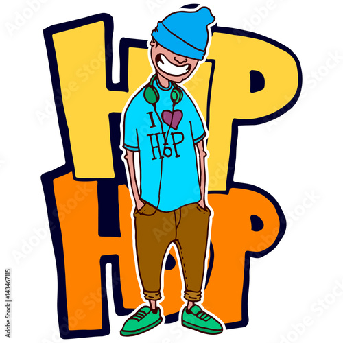 Teen rapper stands on the background is on the background of graffiti. Vector isolated image. Hand made style. Prints, posters, videos, mobile apps, web sites and print projects.