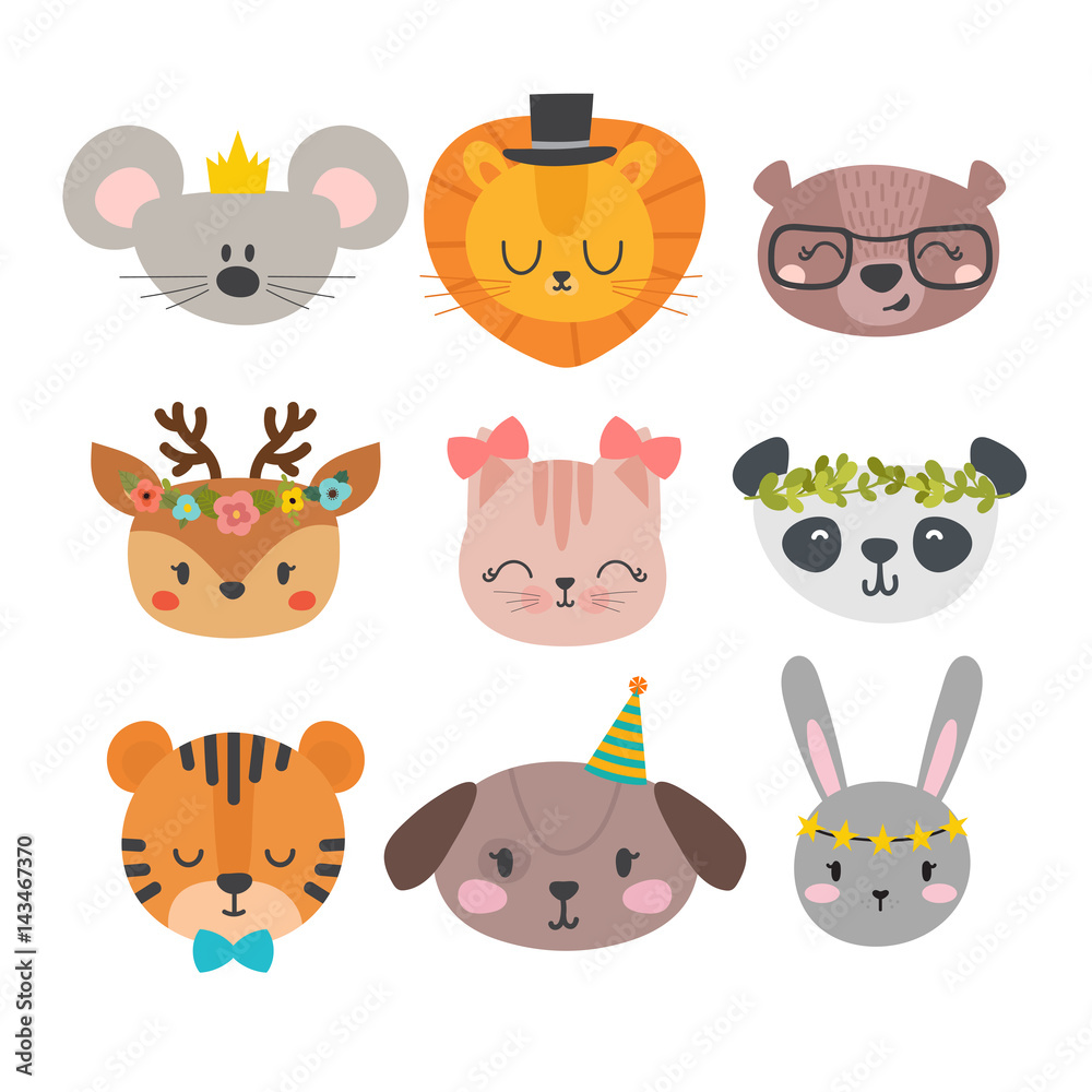 Cute animals with funny accessories. Cartoon zoo. Set of hand drawn smiling  characters. Cat, lion, panda, dog, tiger, deer, bunny, mouse and bear Stock  Vector | Adobe Stock