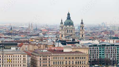 Scenic view of Pest side with St. Stephen's Basilica in Budapest Hungary with haze on the horizon after the rain