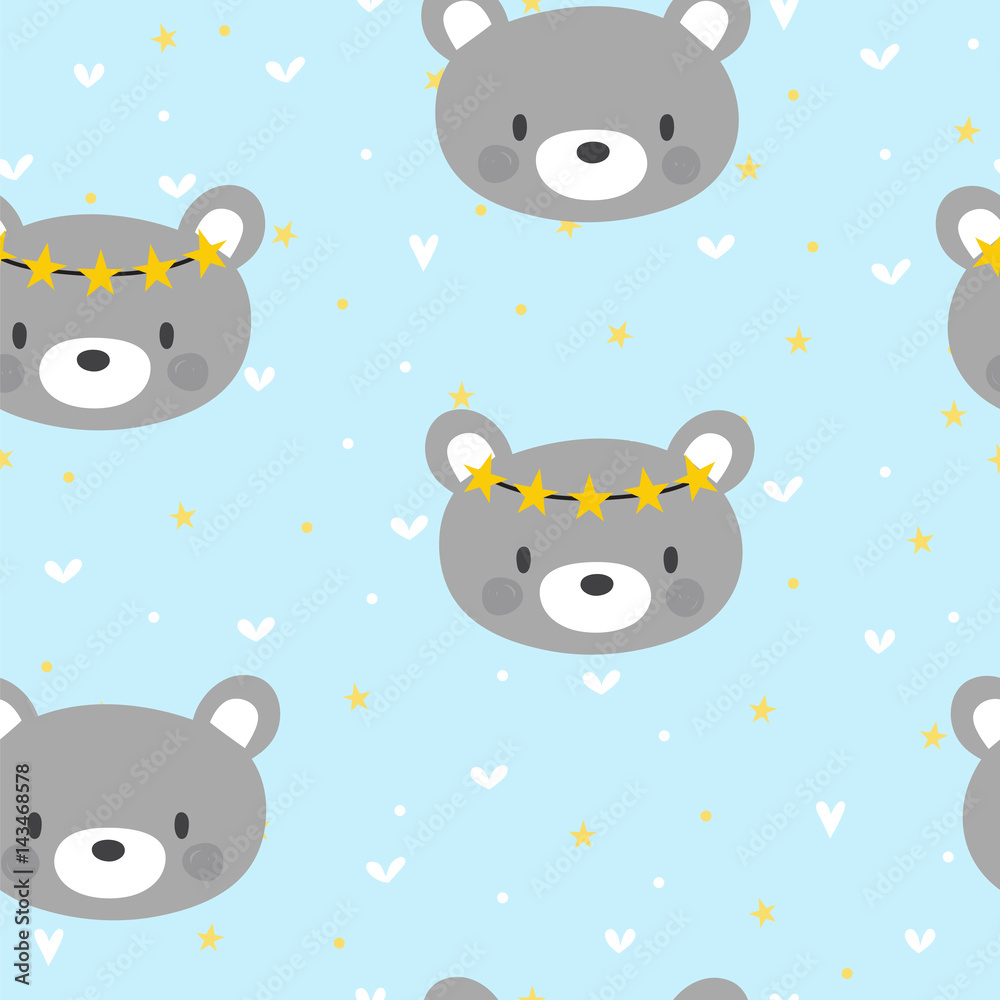 Cute seamless pattern for little boys with funny bear. Smile characters