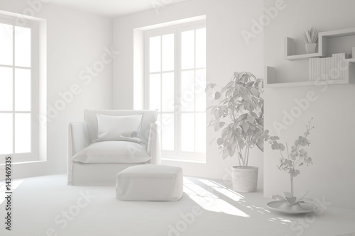 White room with armchair. Scandinavian interior design. 3D illustration