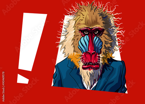 Hand drawn Agressive baboon in a business suit looking with angry