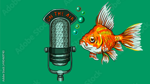 Golden fish and vintage microphone on the air, live radio show