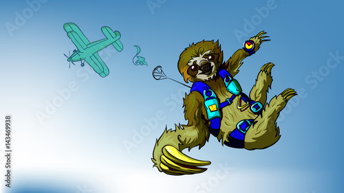 Sloth flying with a parachute painted in cartoon style with an airplain on the background