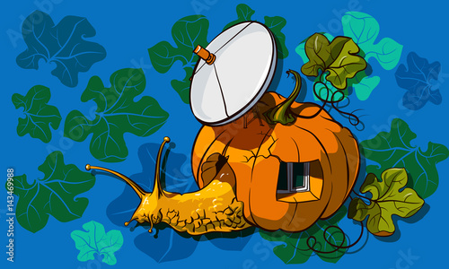 A snail that has a pumpkin with a satellite antenna instead of a shell