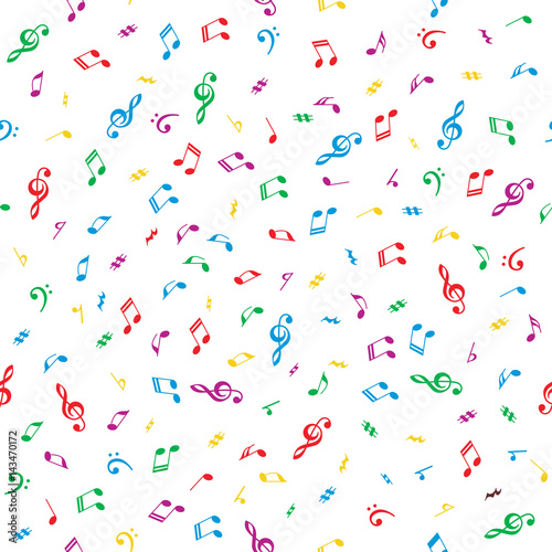 Multicolored seamless background with music notes for graphic design.
